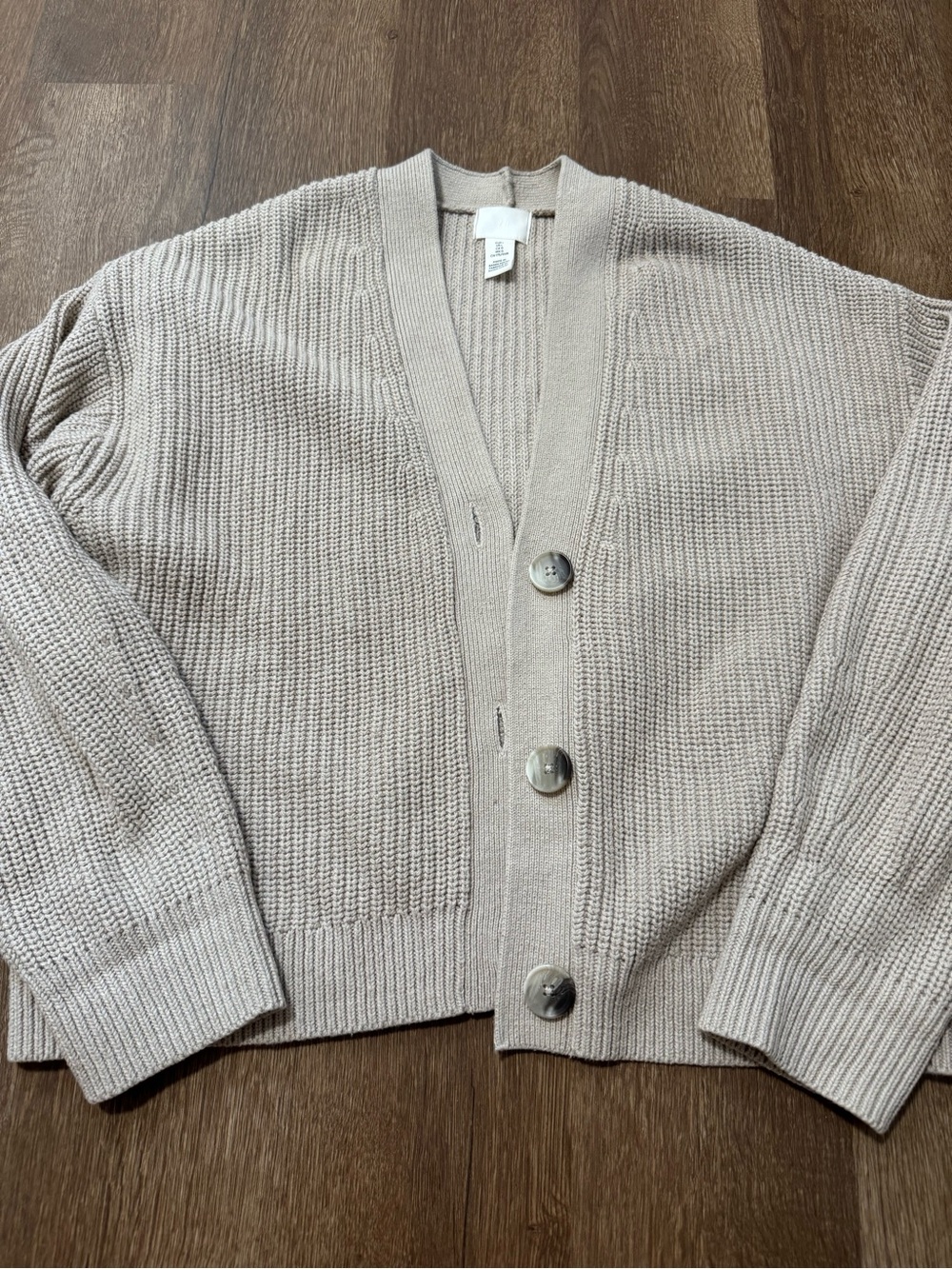 H&M Beige Ribbed Knit Cardigan V-Neck Front Buttons Size Large